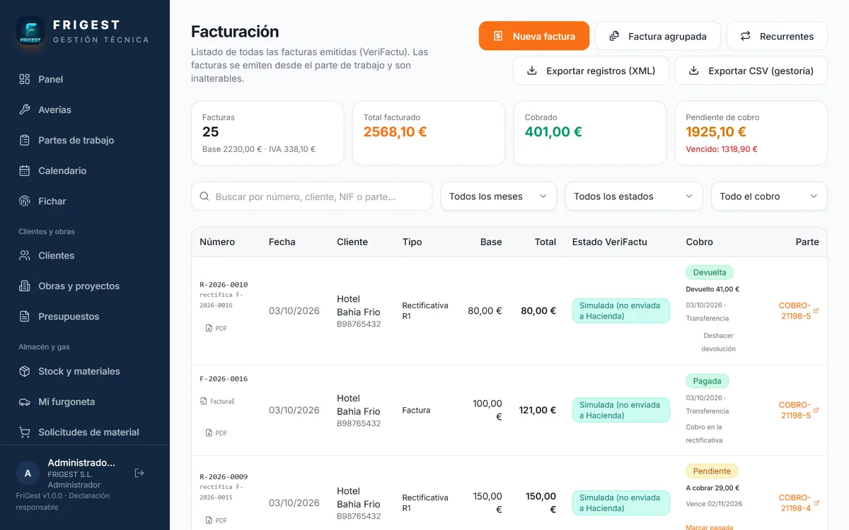 Listado de facturación de FriGest con el estado Verifactu, el cobro de cada factura y la exportación para la gestoría