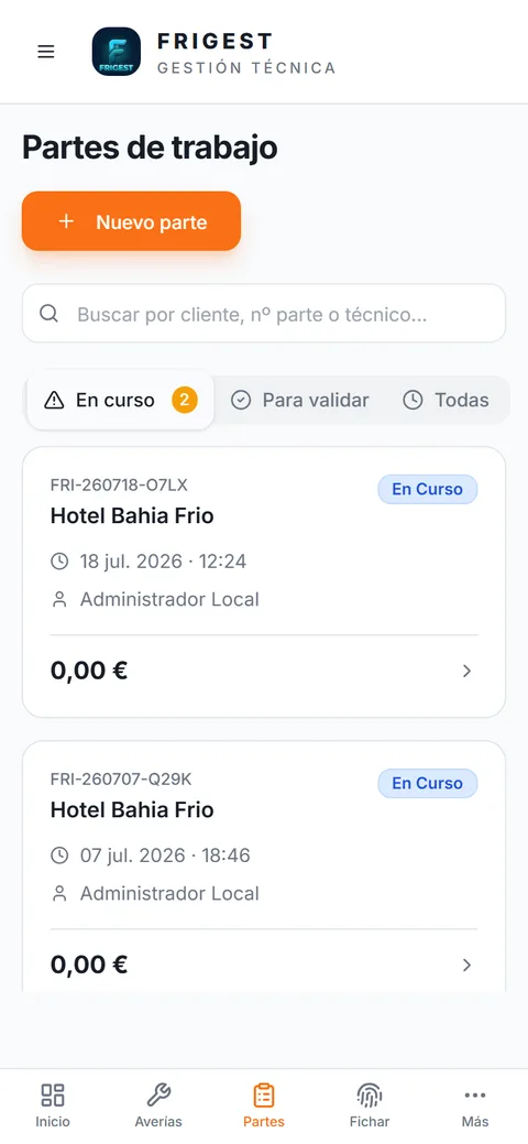 Lista de partes de trabajo de FriGest en el móvil, con los partes en curso, para validar y todos