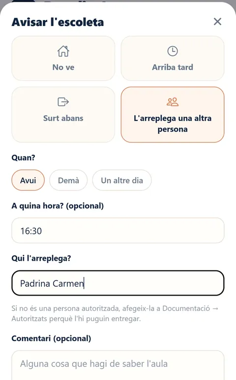 Formulari de NexuKids per avisar l’escoleta que avui recull l’infant una altra persona a les 16:30