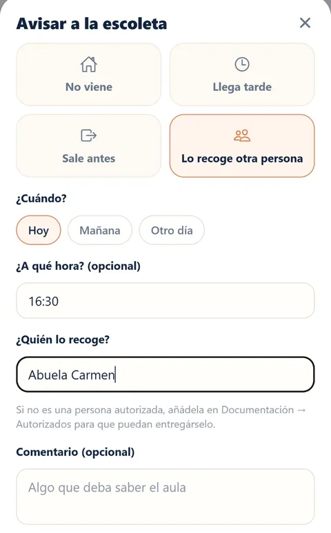 Formulario de NexuKids para avisar a la escoleta de que hoy recoge al niño otra persona a las 16:30