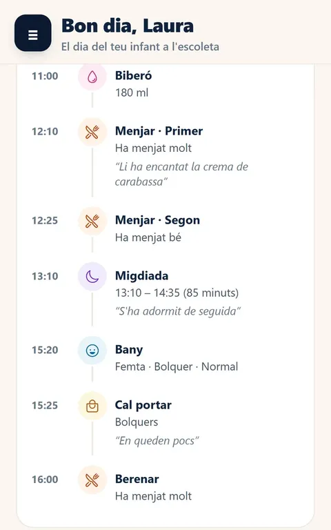 El dia de l’infant vist per la família a NexuKids, amb l’hora del biberó, el dinar, la sesta, el canvi i el berenar