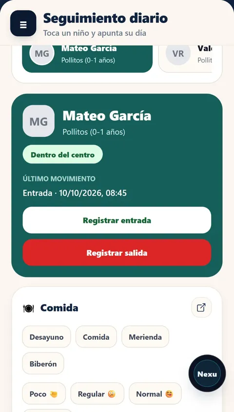 Seguimiento diario de la educadora en NexuKids: Mateo dentro del centro desde las 8:45, con botones para apuntar desayuno, comida, merienda y biberón
